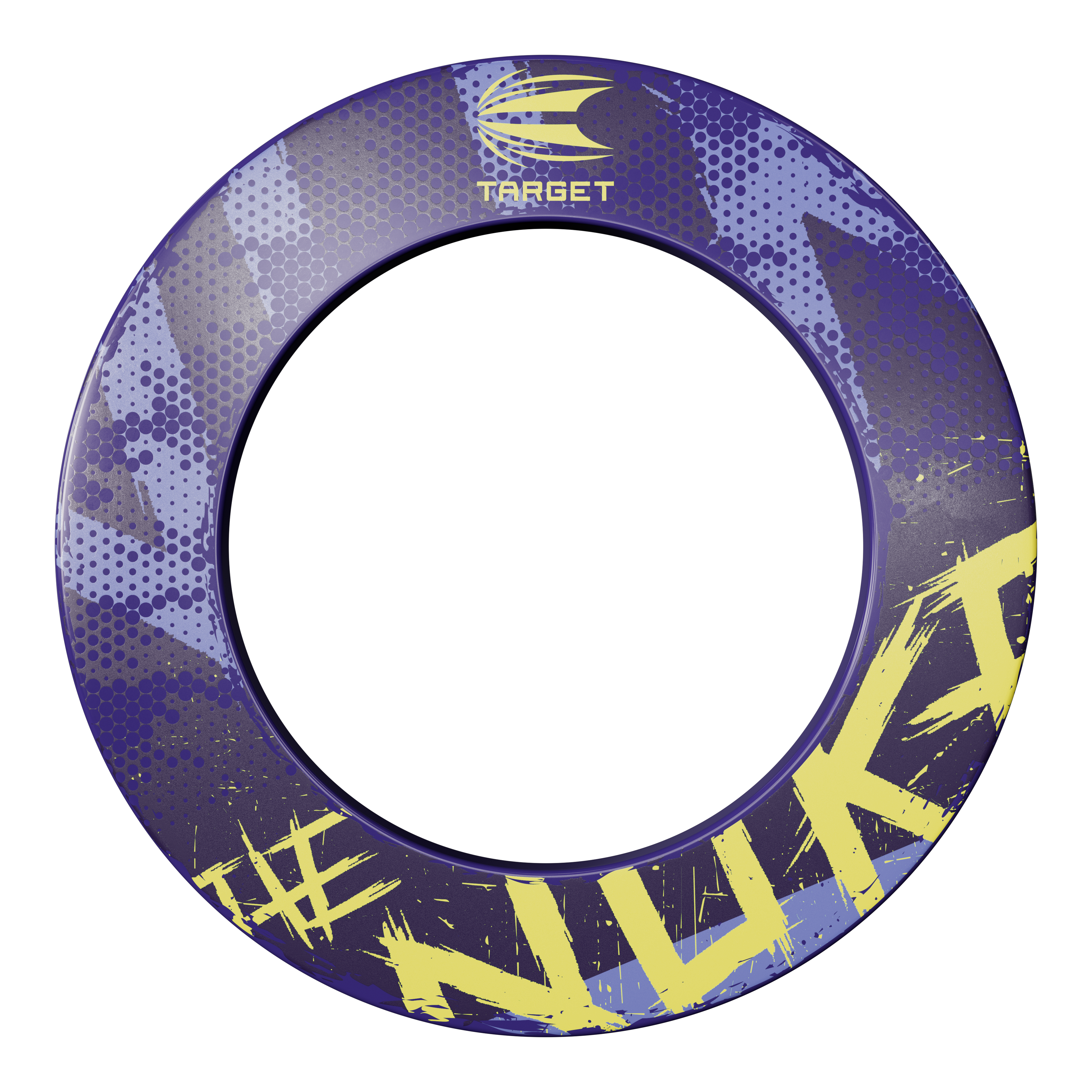 Target Luke Littler The Nuke Dartboard Surround Dieses Bild zeigt die Target Luke Littler The Nuke Dartboard Surround. Der Ring ist lila mit gelben und blauen Akzenten und trägt den Schriftzug "#NUKI" und das Target-Logo.