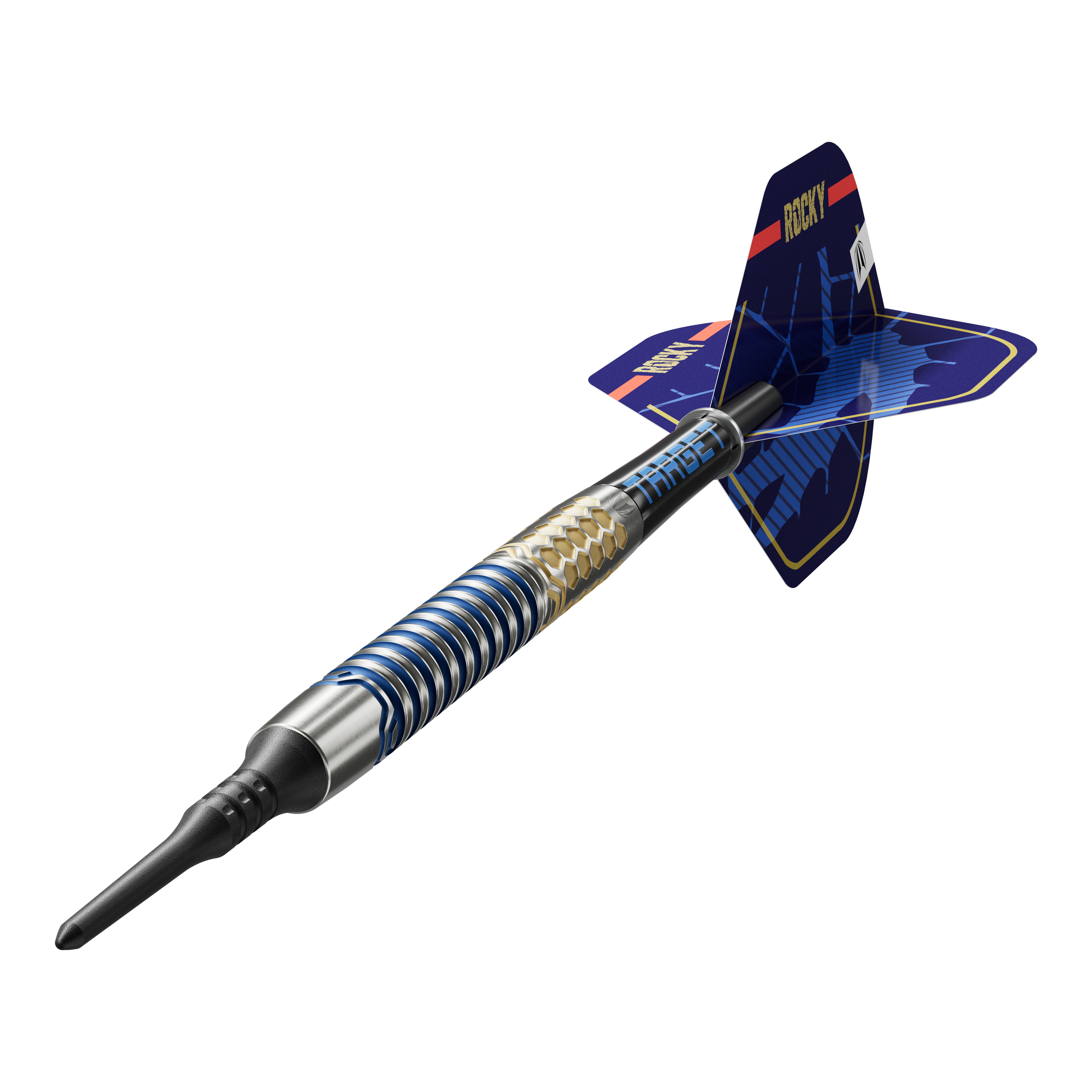 Target Josh Rock GEN1 Soft Darts - 20g Das Bild zeigt einen Target Josh Rock GEN1 Softdart mit einem Gewicht von 20g. Der Dart hat ein modernes, blau-silbernes Design mit auffälligen Flügeln.