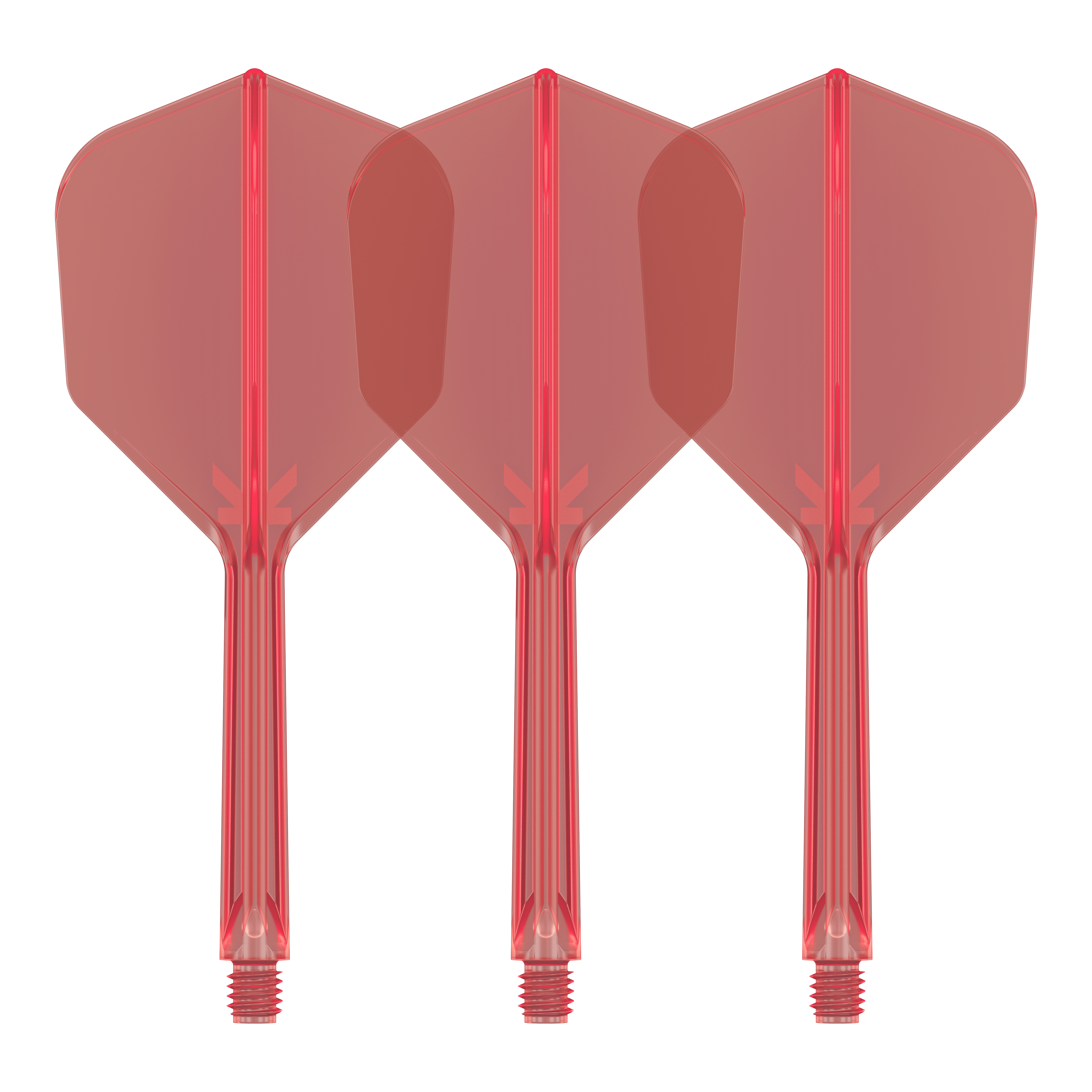 Target K-Flex No6 Flight System - Red Auf dem Bild sind drei rote Dart-Flights mit integrierten Schäften zu sehen. Sie stehen nebeneinander und sind identisch gestaltet.