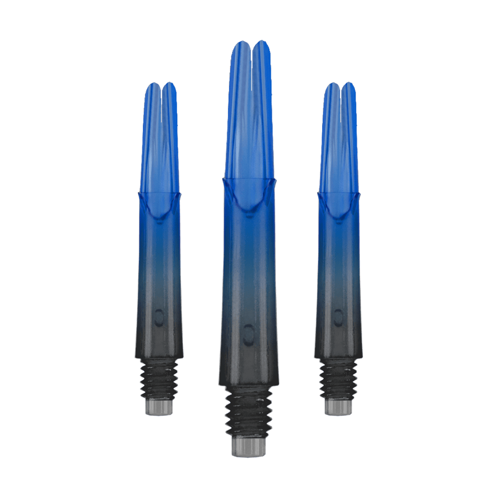 L-L-Style-Shaft Locked Straight Natural9 TwoTone Shafts - Blue Das Bild zeigt drei gerade Dartschäfte mit einem Farbverlauf von Schwarz zu Blau. Sie haben Gewinde am unteren Ende und sind ohne Kappen abgebildet.