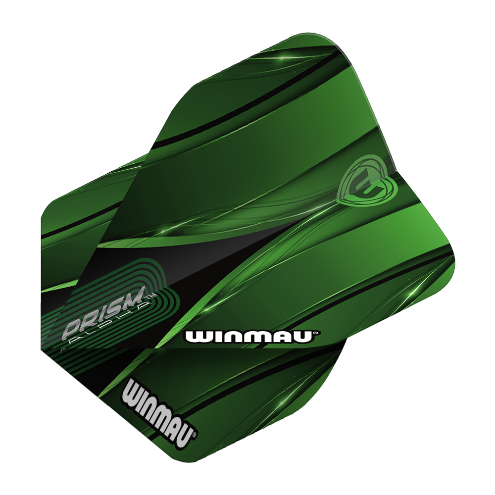 Winmau Alpha Sniper Green Standard Flights Das Bild zeigt das Produkt "Winmau Alpha Sniper Green Standard Flights". Die Dart-Flights sind grün mit schwarzen und weißen Akzenten gestaltet und tragen den Schriftzug "WINMAU".