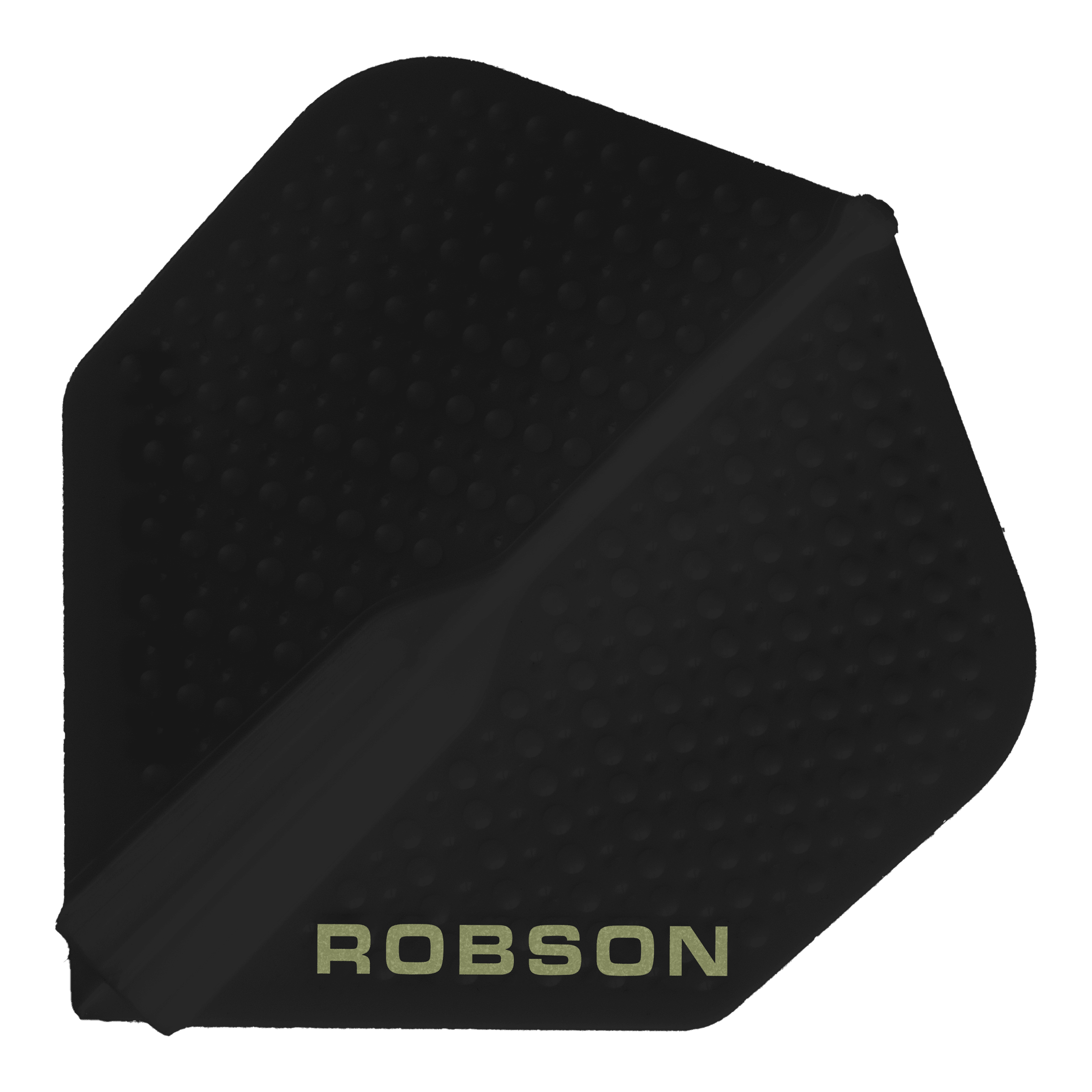 Robson Plus Dimple Flights - Black Dieses Bild zeigt ein schwarzes Dart-Flight mit dem Namen "Robson Plus Dimple Flights - Schwarz". Auf dem Flight steht am unteren Rand das Wort "ROBSON" in hellen Buchstaben.