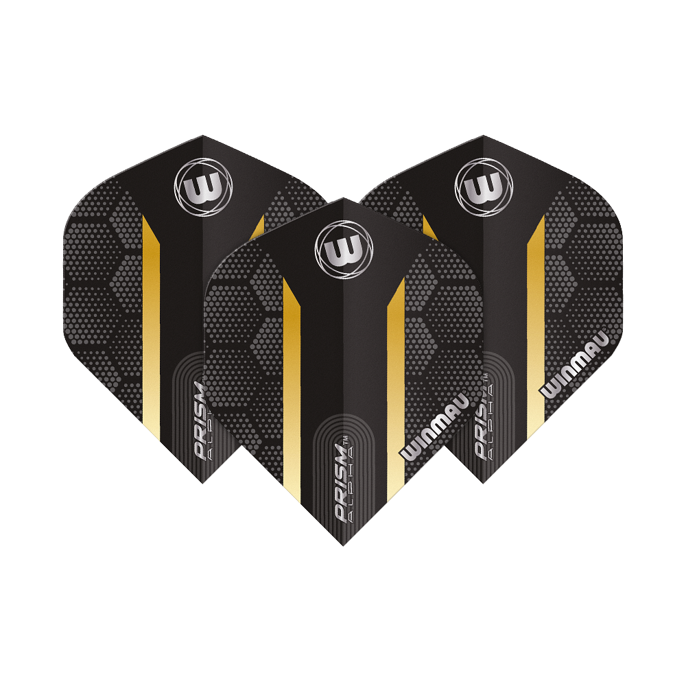 Das Bild zeigt die Winmau Prism Alpha Gold Standard Flights für Dartpfeile. Die Flights sind schwarz mit einem goldenen Streifen und geometrischem Muster gestaltet.