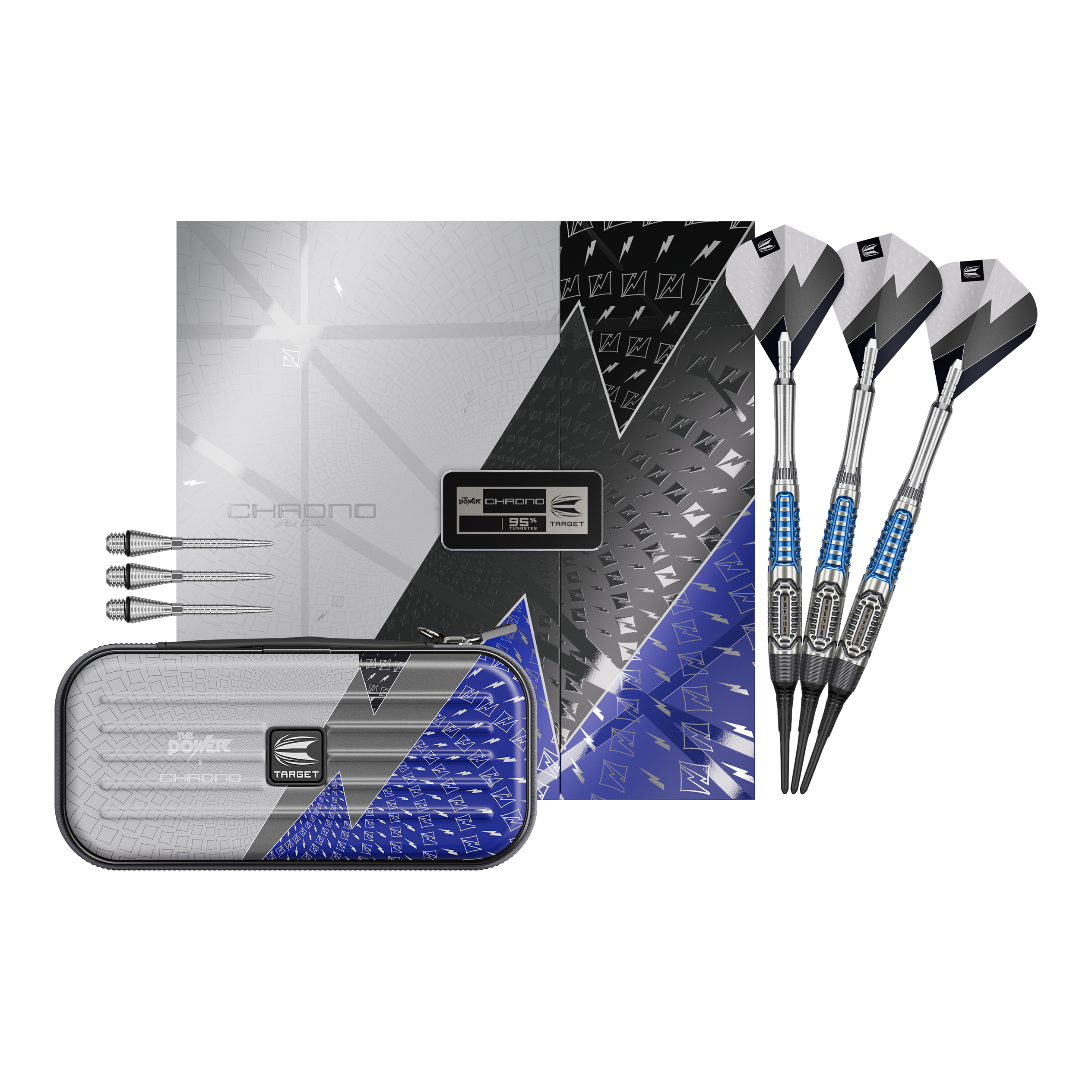 Target Phil Taylor Power X Chrono soft darts Hier sieht man die Target Phil Taylor Power X Chrono Softdarts. Die Softdarts sind vollständig dargestellt und zeigen das gesamte Set.