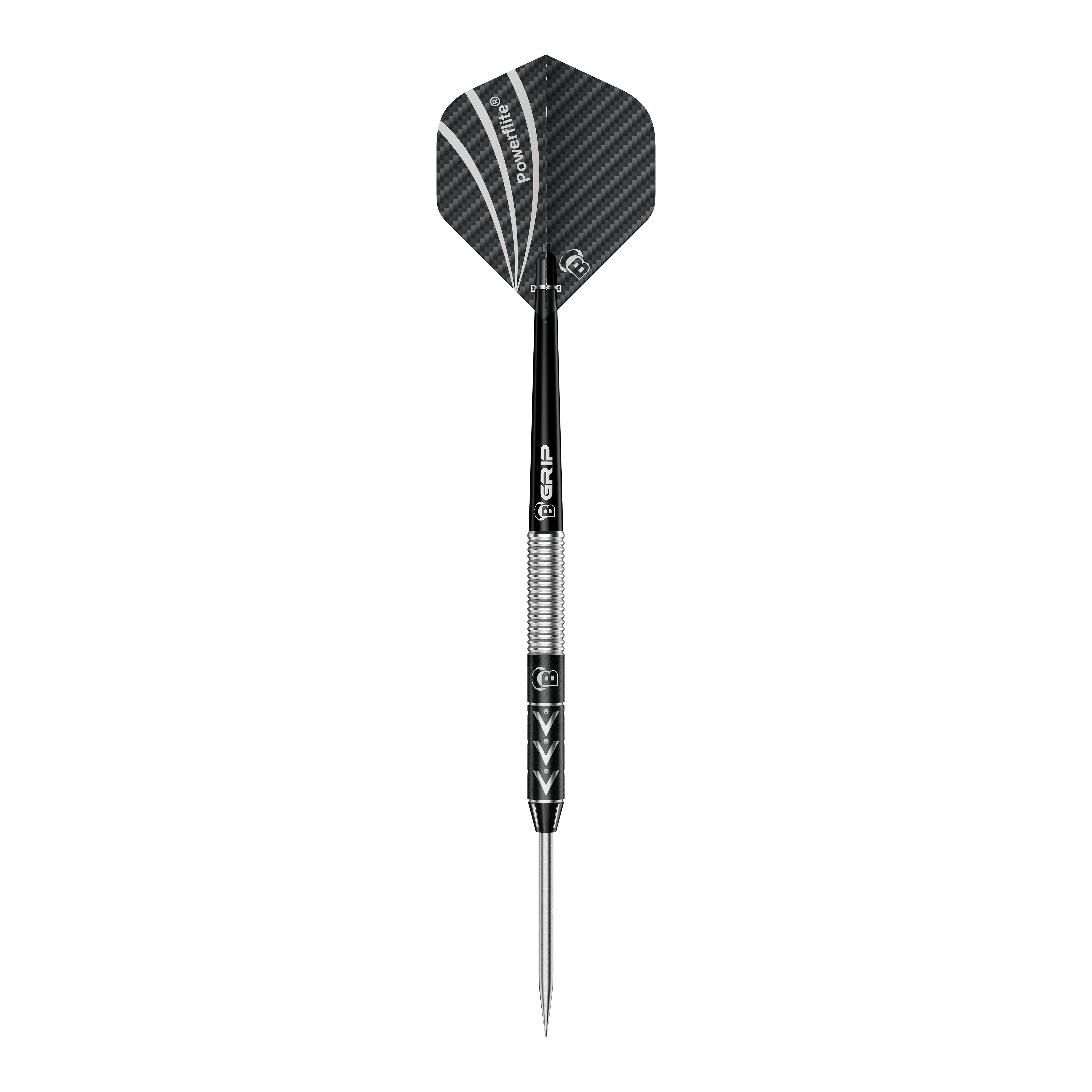 Bulls Challenger Arno Merk steel darts - 22g Das Bild zeigt einen Steeldart namens "Bulls Challenger Arno Merk Steeldarts - 22g". Der Dartpfeil ist schwarz-silber und hat ein modernes Design mit strukturiertem Schaft und schwarzer Flight.