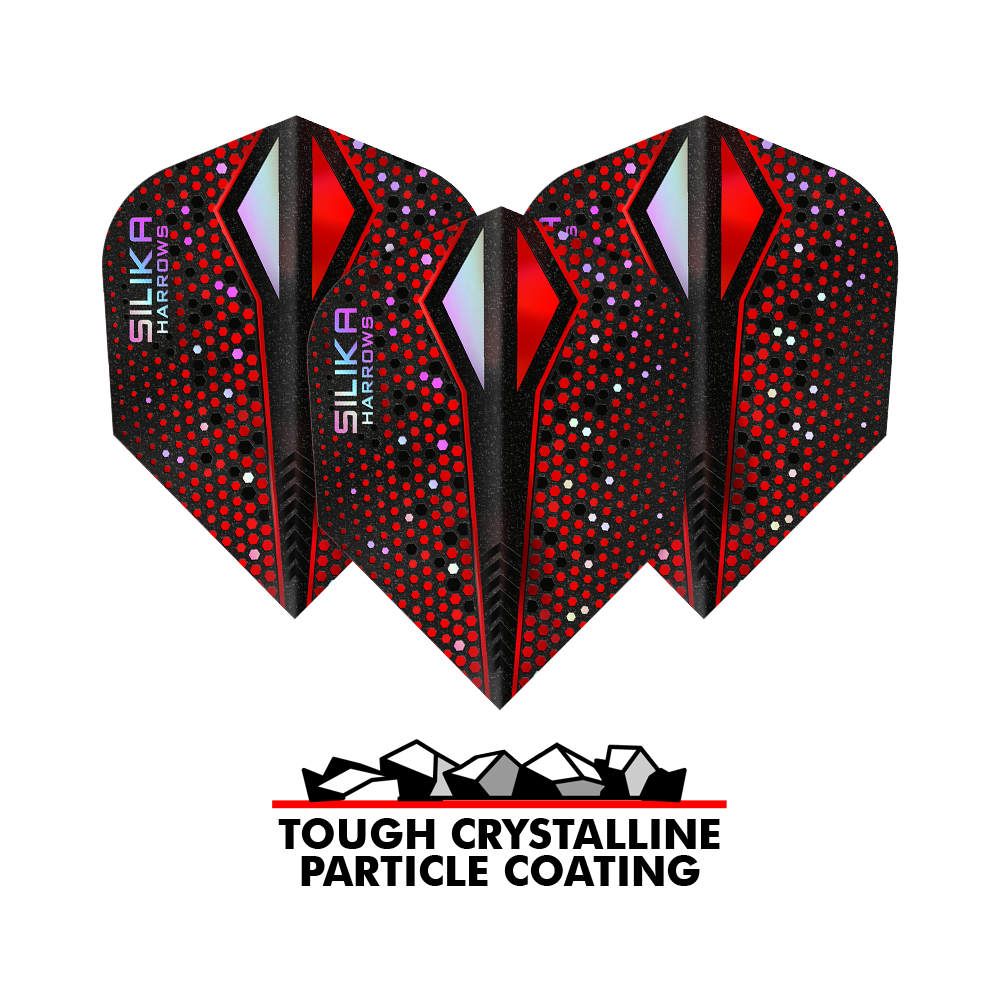 Harrows Silika Colorshift Tough Crystalline Coating Red-X No6 Flights Das Bild zeigt drei Dart-Flights der Marke Harrows Silika Colourshift in Rot und Schwarz mit bunten Punkten. Unter den Flights steht der Text „Tough Crystalline Particle Coating“ mit einer Grafik von kleinen Kristallen.
