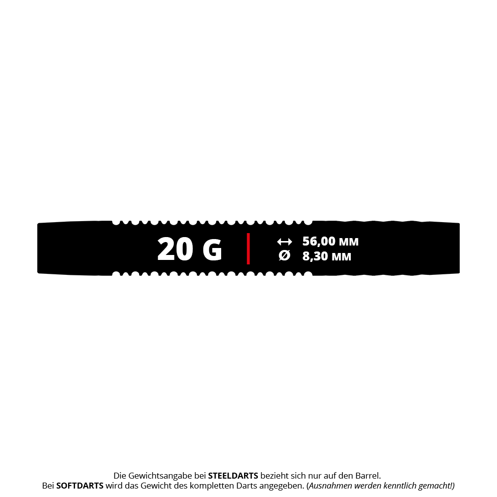 Target Josh Rock GEN1 Soft Darts - 20g Das Bild zeigt die Produktinformationen der "Target Josh Rock GEN1 Softdarts - 20g". Die Darts wiegen 20 Gramm, sind 56,00 mm lang und haben einen Durchmesser von 8,30 mm.