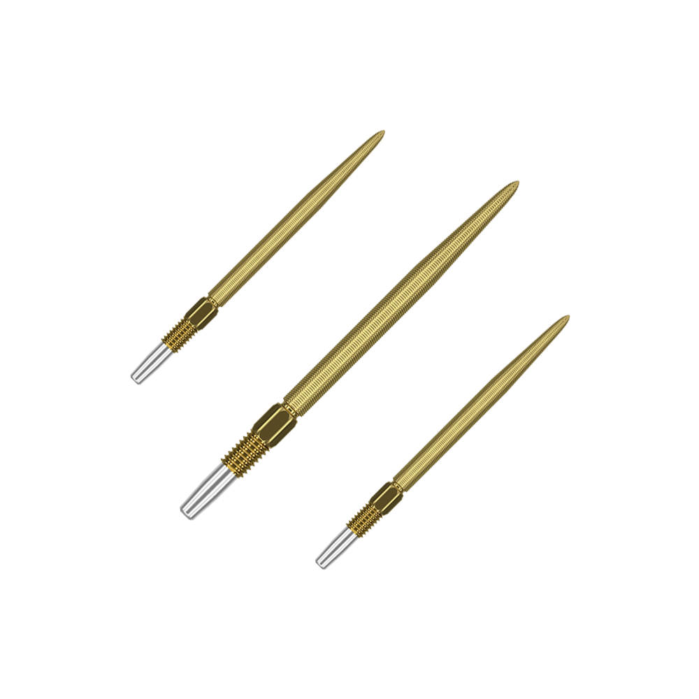 Target Swiss Point Nano Dart Tips - Gold Auf dem Bild sind drei goldfarbene Dartspitzen zu sehen. Sie haben eine feine Riffelung und ein silbernes Schraubgewinde am Ende.