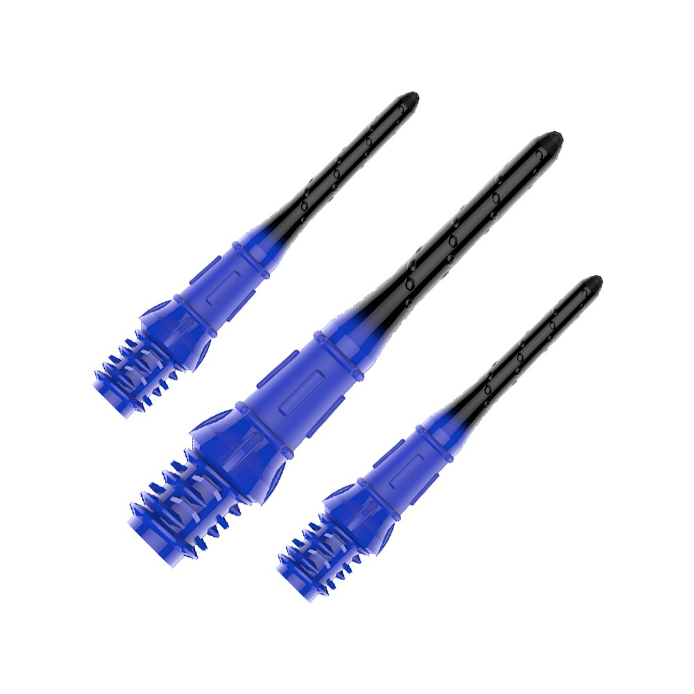 L-Style Premium Lippoint Gradiation Dart Tips (Pack of 30) Das Bild zeigt drei schwarze und blaue Dartspitzen aus Kunststoff. Sie sind nebeneinander auf einem transparenten Hintergrund angeordnet.