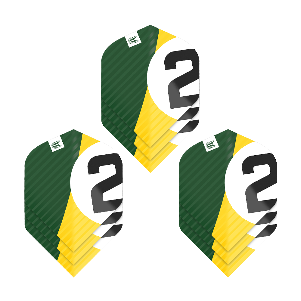 337207_Target_ProUltra_3Sets_Chicane_Green_Standard_Flights_1XKCR7hond5hby Das Bild zeigt drei Sätze Dartflights mit der Aufschrift „2“ in den Farben Grün, Gelb und Weiß. Die Flights sind vom Typ Target Pro Ultra Chicane Green No2 Standard.