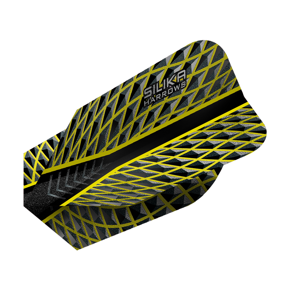 HR87_Harrows_Silika_Yellow_Slim_Flights_2 Das Bild zeigt das Produkt "Harrows Silika Yellow Slim Flights". Es hat ein schlankes Design mit einem auffälligen gelben und schwarzen Muster.