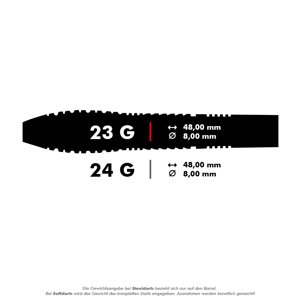 Shot Birds Of Prey Kestrel Steel Darts Das Bild zeigt die technischen Daten eines Steeldart-Barrels mit 23 Gramm Gewicht, 48 mm Länge und 8 mm Durchmesser. Darunter sind die Daten für ein 24-Gramm-Modell mit den gleichen Maßen aufgeführt.
