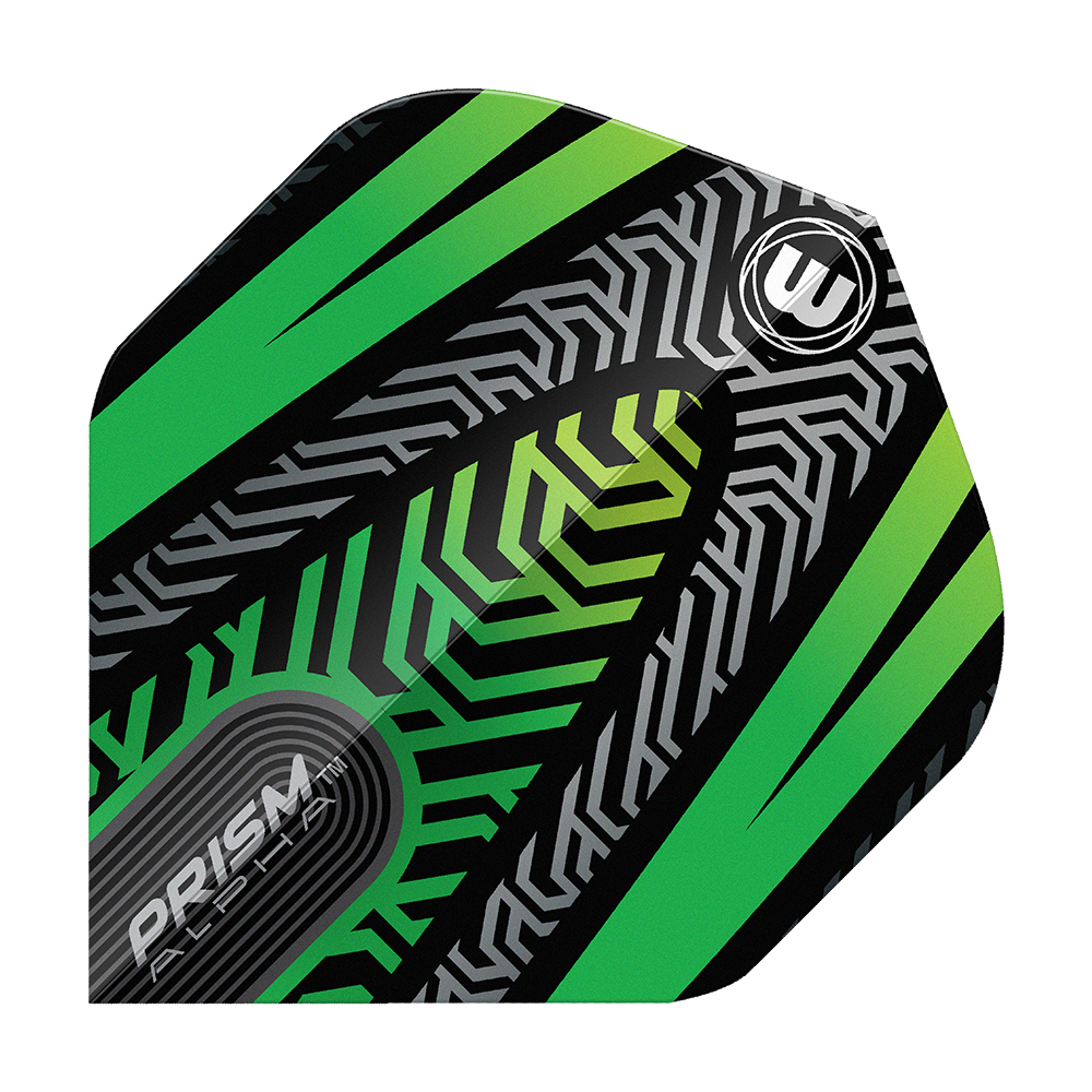 Das Bild zeigt ein Winmau Prism Alpha Schwarz Grün No2 Standard Flight. Das Design ist schwarz mit grünen und silbernen Mustern sowie dem Winmau-Logo.
