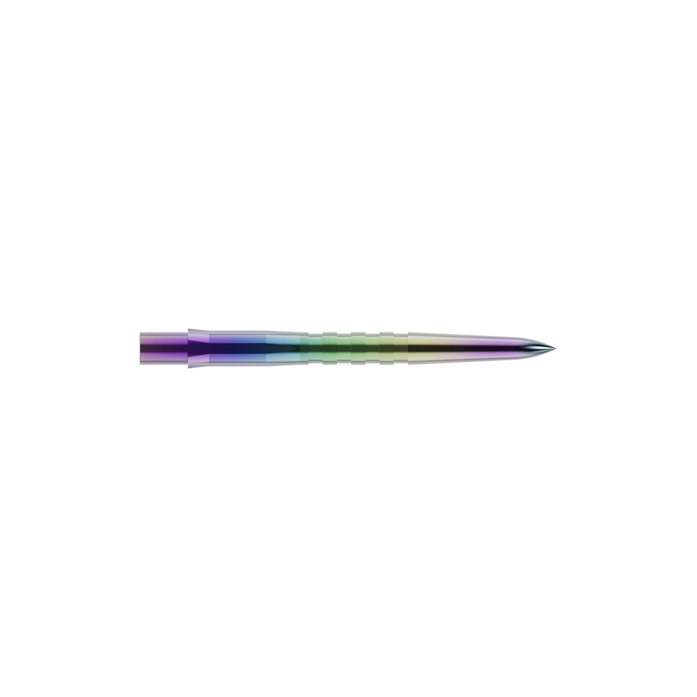 Mission Caliburn EVO dart tips - Grooved - Coral Dies ist eine bunte, gerillte Steeldartspitze. Sie hat eine glänzende Oberfläche mit Farbverlauf und ist vorne spitz zulaufend.
