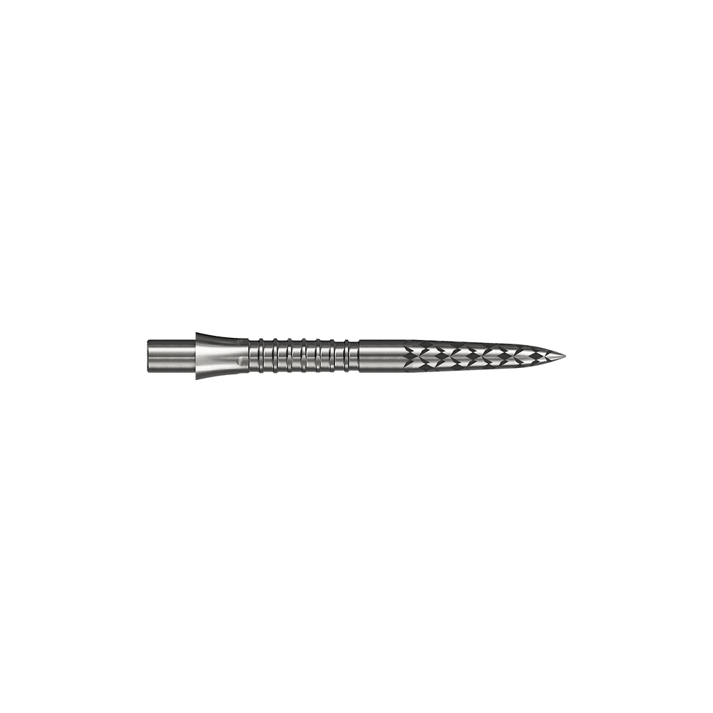 Abgebildet ist ein Steeldartspitze in silberner Farbe mit einer Länge von 26 mm. Das Bild stammt von der Datei M002127_Missoin_Caliburn_EVO_GV-Logo_Steeldartspitzen_Silber_26mm_2.