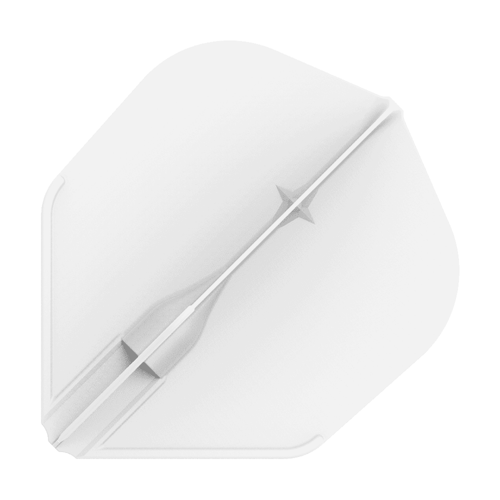 L-L-Style3EZ Flights Das Bild zeigt ein weißes Dartflight in einer einfachen, geometrischen Form. In der Mitte verläuft ein feiner, strukturierter Streifen mit einem kleinen Sternmotiv.