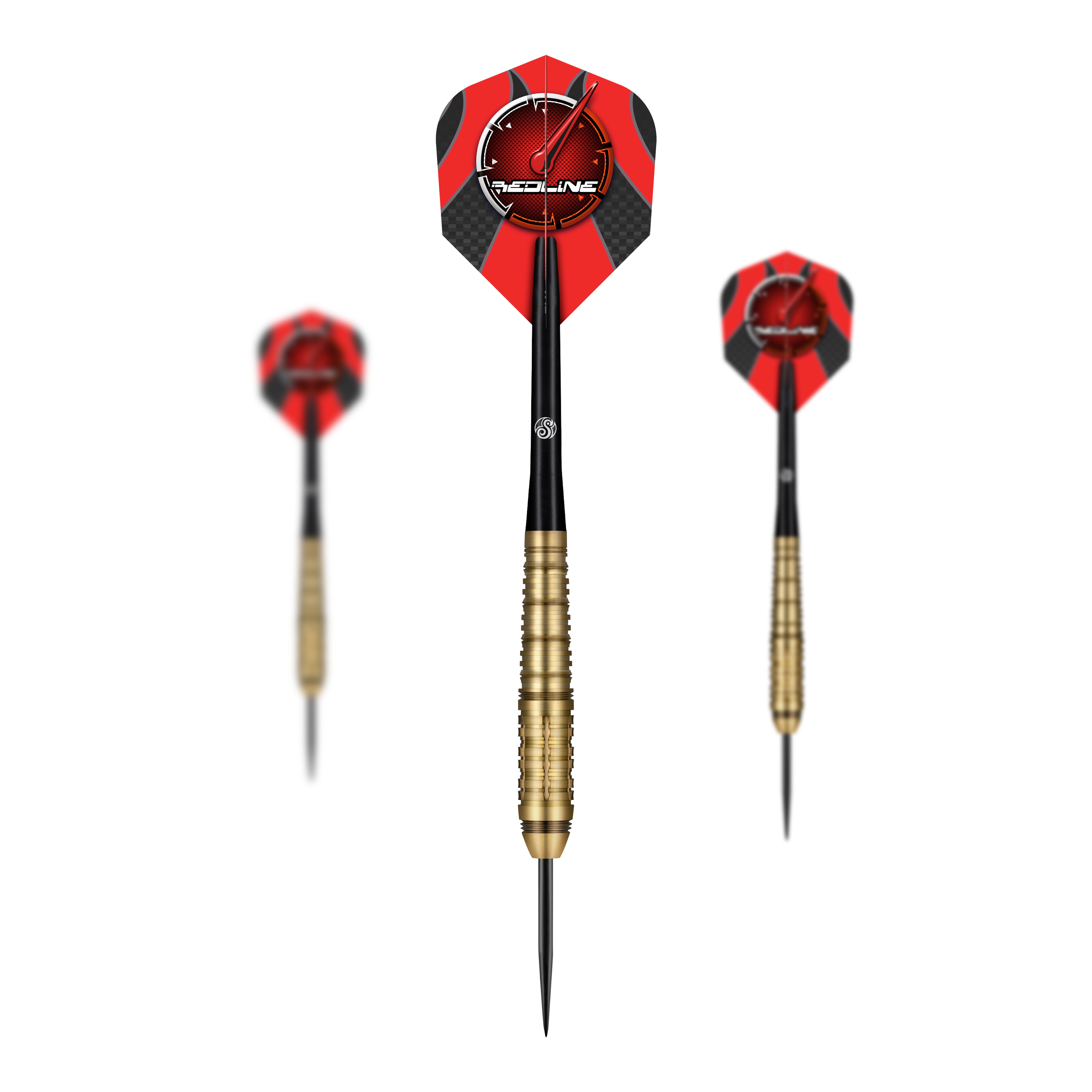 Shot Redline Mach 1 steel darts Das Bild zeigt drei Steeldarts des Produkts "Shot Redline Mach 1". Die Darts haben rote Flights mit einem Logo und goldene Griffe.