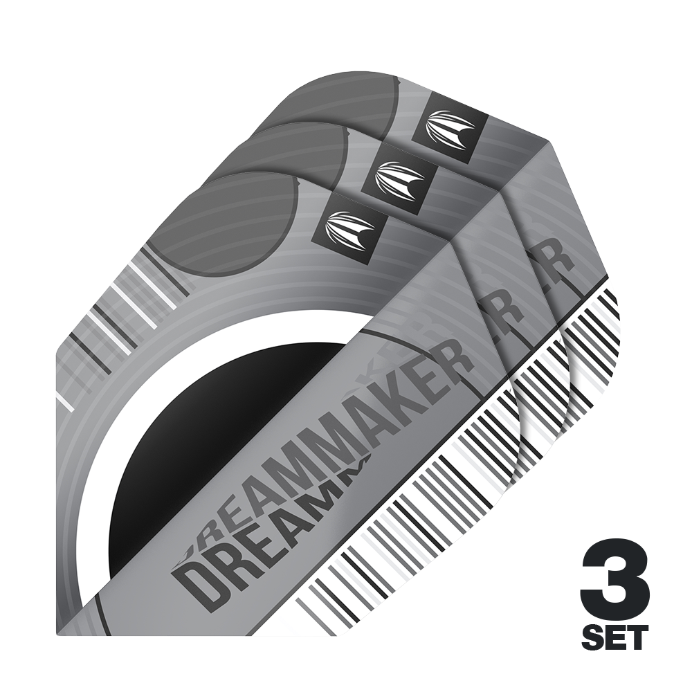 Target Pro Ultra Dimitri Van Den Bergh X Echo No6 Flights - 3 Sets Das Bild zeigt drei Sätze Target Pro Ultra Dimitri Van Den Bergh X Echo No6 Flights. Die Flights sind silber-grau gestaltet und tragen den Schriftzug "DREAMMAKER".