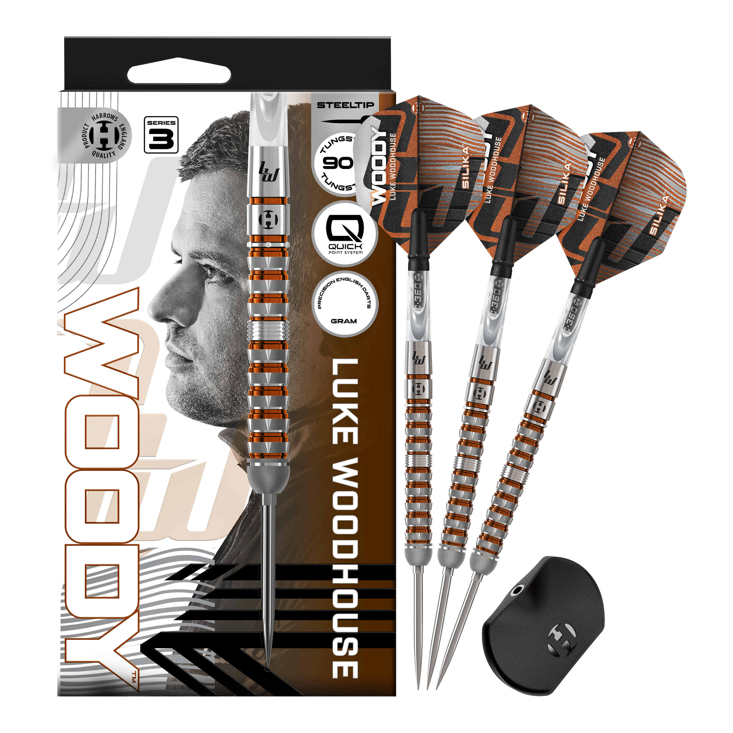 Harrow's Luke Woodhouse Series 3 Quick Point Steel Darts Gezeigt werden die Harrows Luke Woodhouse Series 3 Quick Point Steeldarts. Sie bieten eine hochwertige Verarbeitung und ein modernes Design.