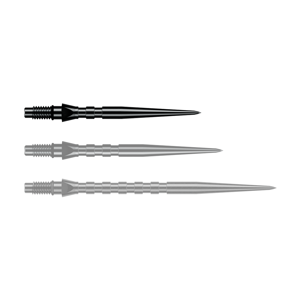 Abgebildet ist eine einzelne schwarze Winmau Switch Point Groove Steeldartspitze, 26 mm lang. Sie eignet sich zum Austausch von Steeldartspitzen.