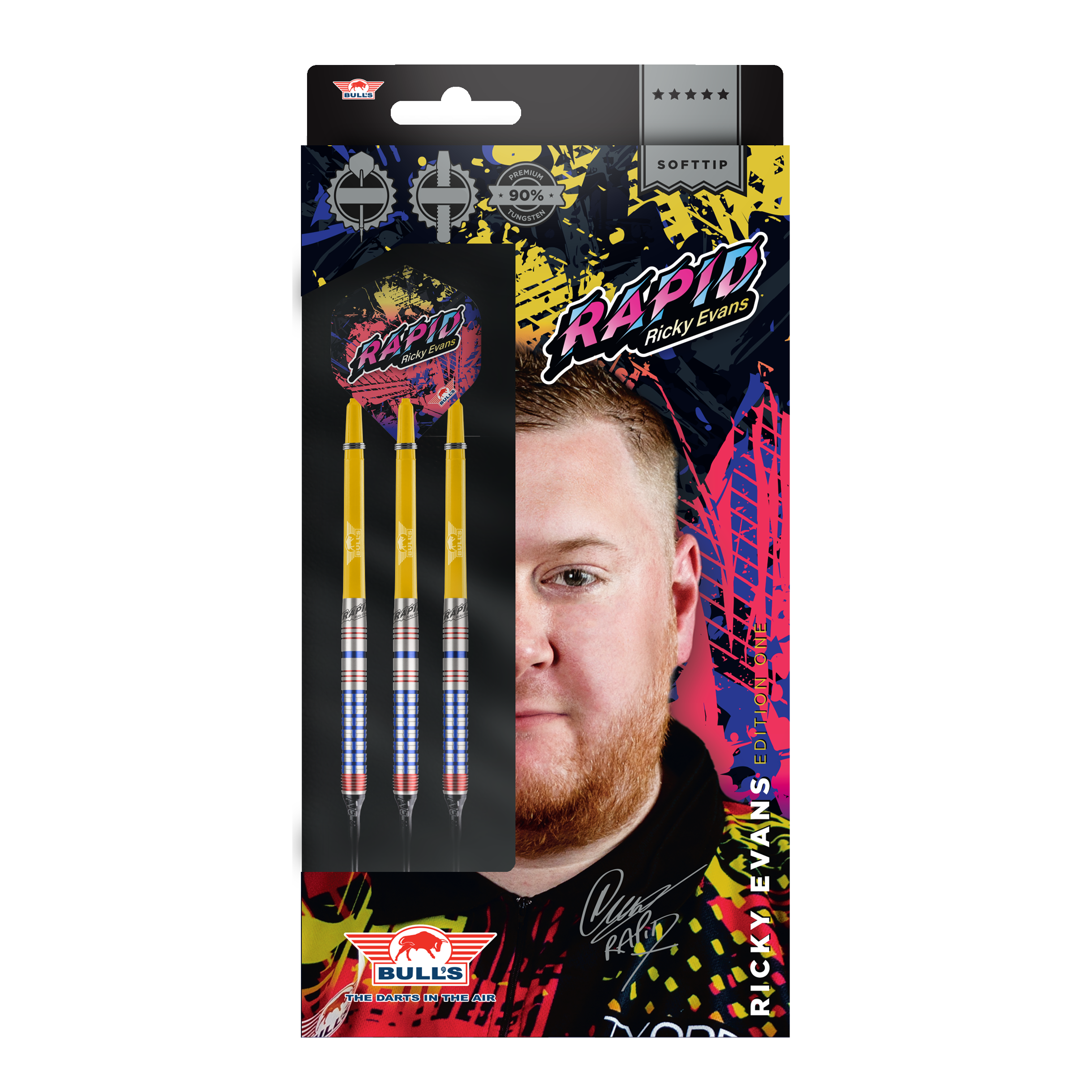 Bulls NL Ricky Evans Rapid Edition One Soft Darts - 20g Das Bild zeigt die Verpackung der "Bulls NL Ricky Evans Rapid Edition One Softdarts - 20g". Auf der Verpackung sind drei Softdarts und ein Porträt von Ricky Evans abgebildet.