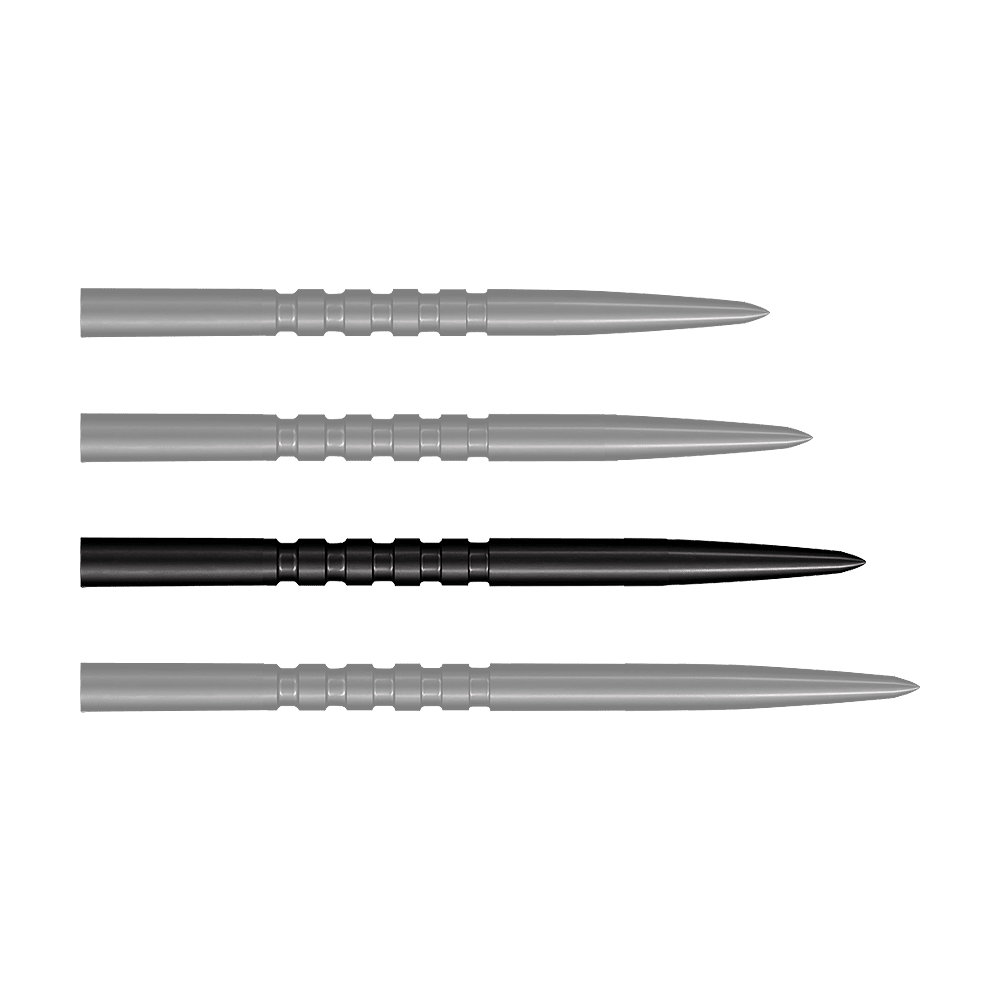 Shot Grip Point steel dart tips - Black Das Bild zeigt vier schwarze Stahlspitzen für Steeldarts, die nebeneinander liegen. Jede Spitze ist 38 mm lang und hat gerillte Griffzonen.