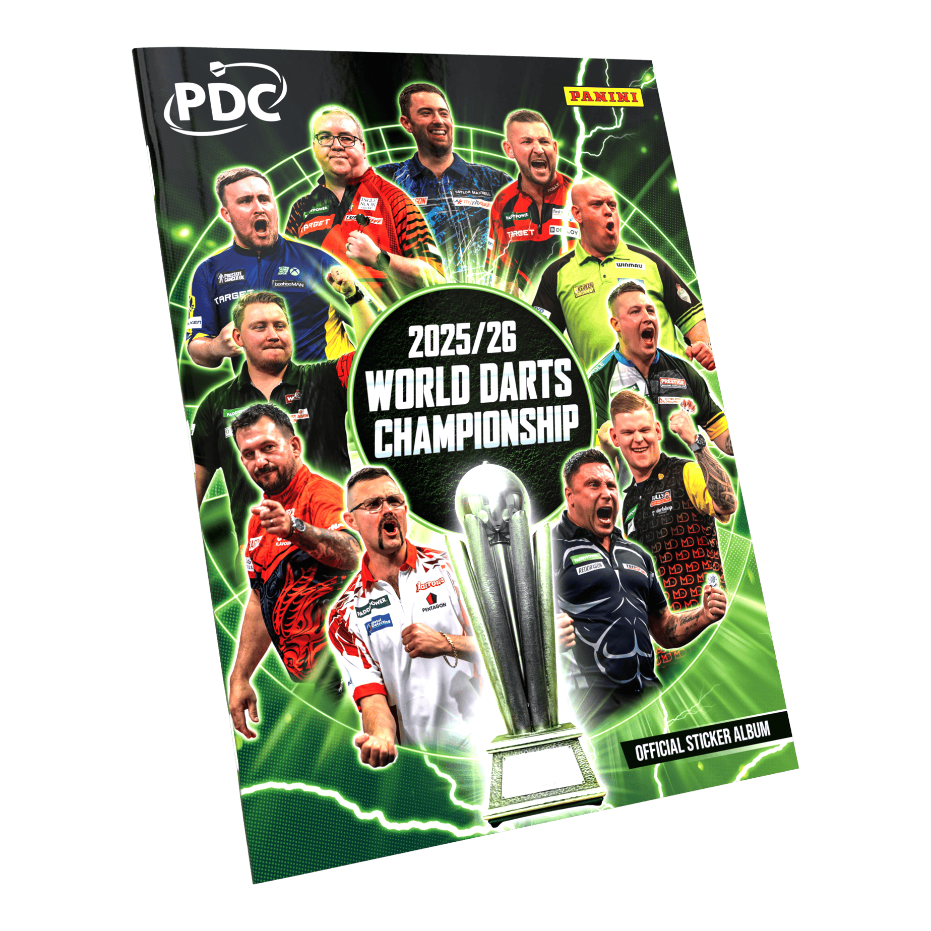 Panini PDC World Darts Championship 2025/26 - Official Sticker Softcover Collector's Album Auf dem Bild ist das Panini PDC World Darts Championship 2025/26 Offizielle Sticker Softcover Sammelalbum abgebildet. Dieses Album dient zum Sammeln und Aufbewahren von Stickern zur Dart-Weltmeisterschaft.