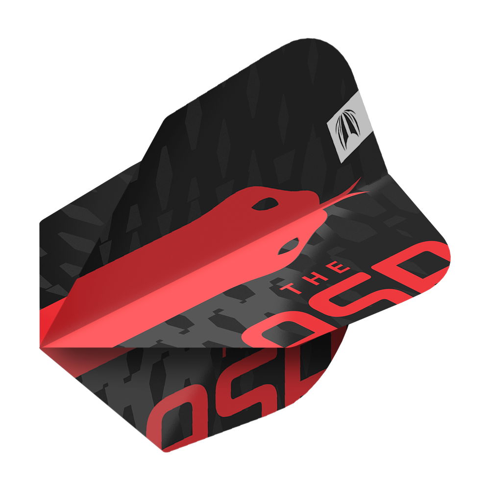 Das Bild zeigt ein Dartflight aus der Serie "Target Pro Ultra Nathan Aspinall No6 Flights". Das Flight ist überwiegend schwarz mit einem roten Schlangendesign und roten Schriftzügen.