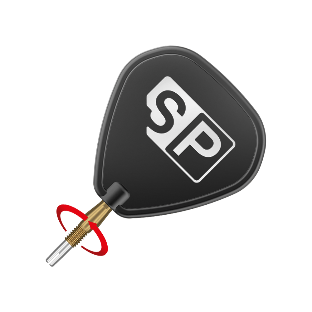 Target Swiss Storm Diamond Point Dart Tips - Gold Das Bild zeigt eine schwarze Dartflügel mit der Aufschrift "SP" in weiß. Daran ist eine goldene Dartspitze befestigt.