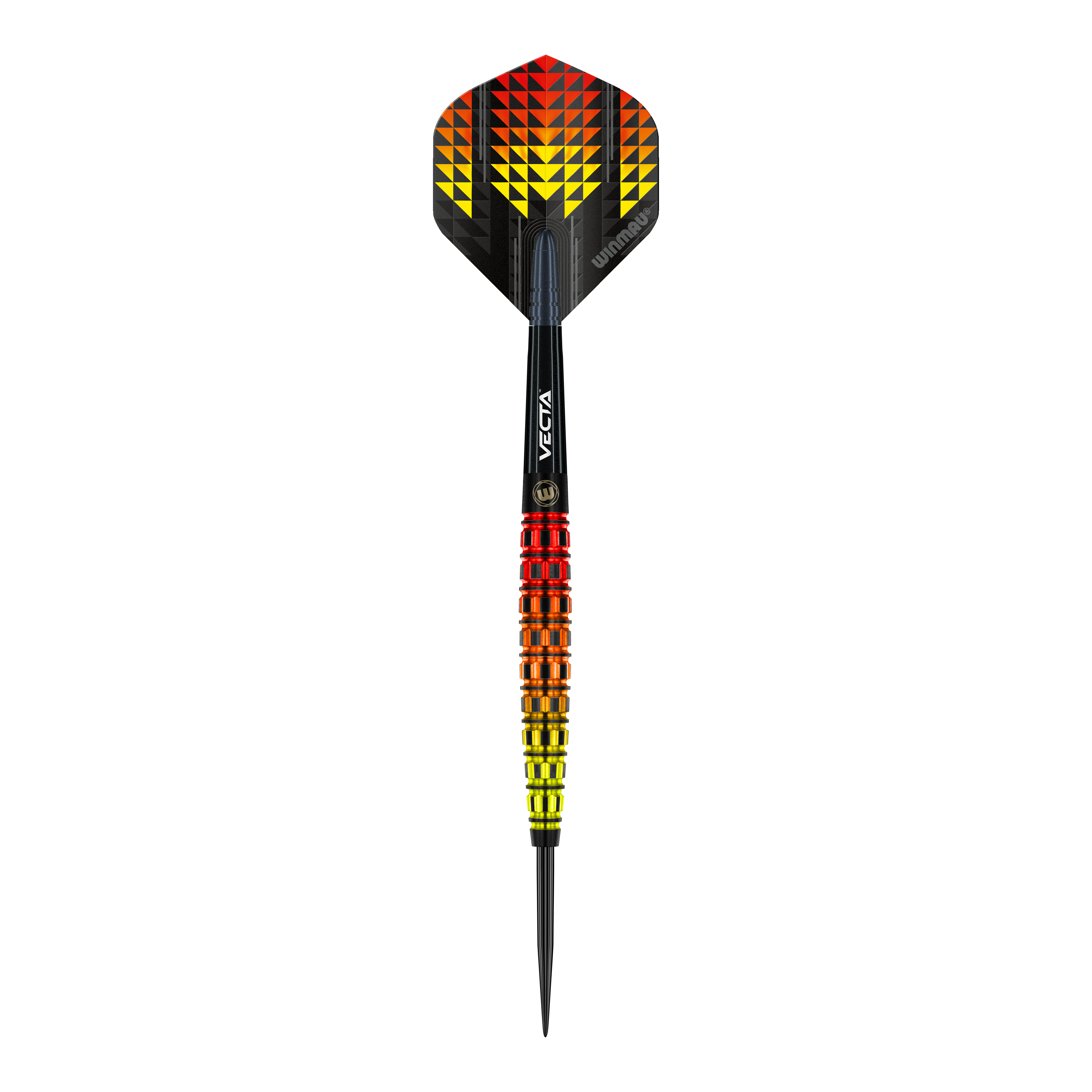 Winmau Firestorm Flame Tapered Steeldarts Der Winmau Firestorm Flame Tapered Steeldart hat ein auffälliges Design mit gelben, orangefarbenen und roten Farbverläufen. Die Flights zeigen ein geometrisches Muster in denselben Farben und geben dem Dart ein flammendes Aussehen.