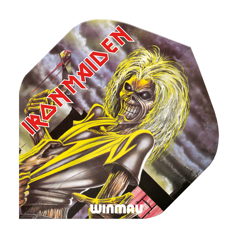 Das Bild zeigt ein Winmau Rockstar Legends Iron Maiden Killers Standard Dart-Flügel. Auf dem Flight ist das bekannte Iron Maiden Maskottchen "Eddie" mit gelben Haaren und gruseligem Aussehen abgebildet.