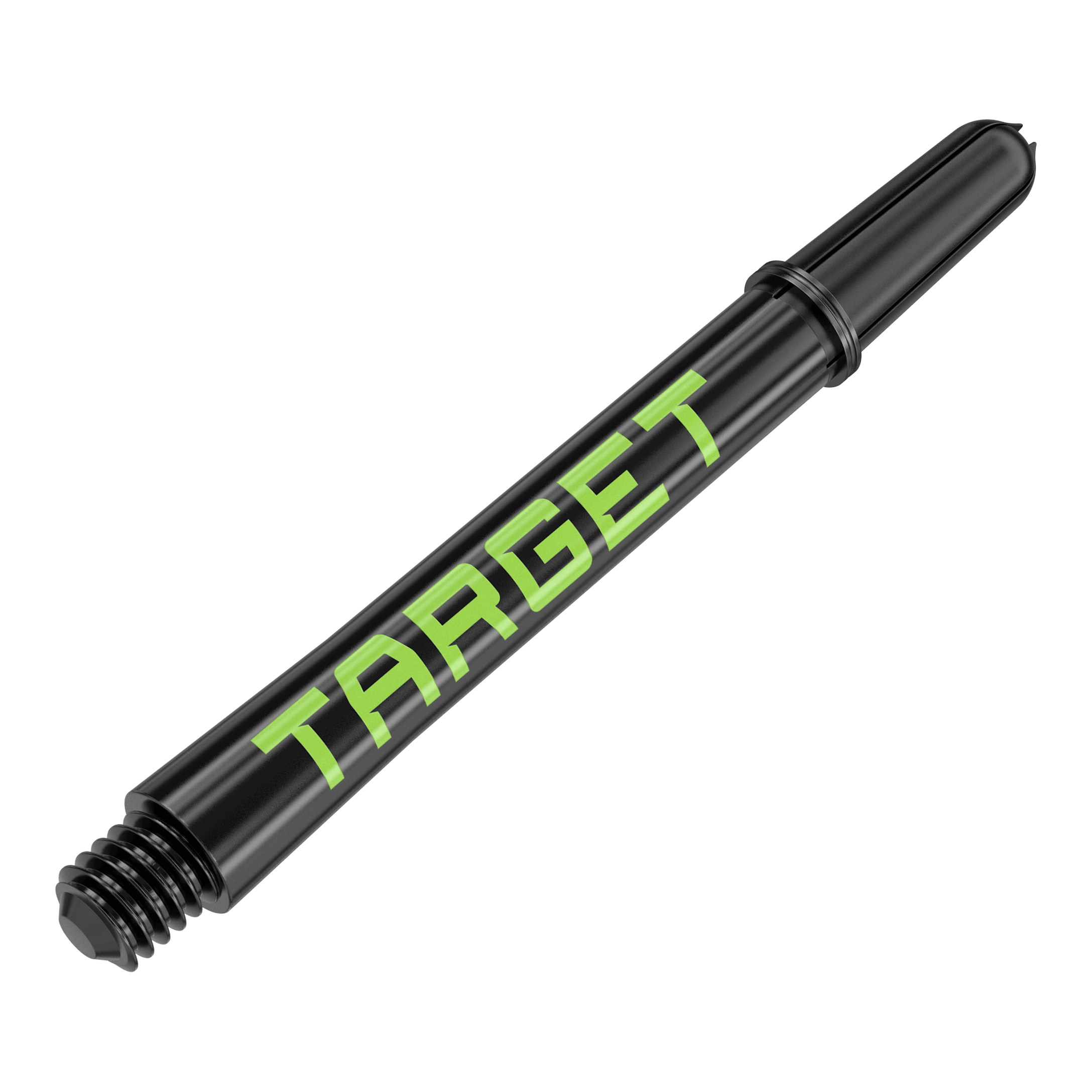 Target Pro Grip TAG Shafts - 3 Sets - Black Green Zwei Dart-Schäfte in harmonischer Anordnung werden präsentiert. Die Linie und das Profil der Produkte sind markant.