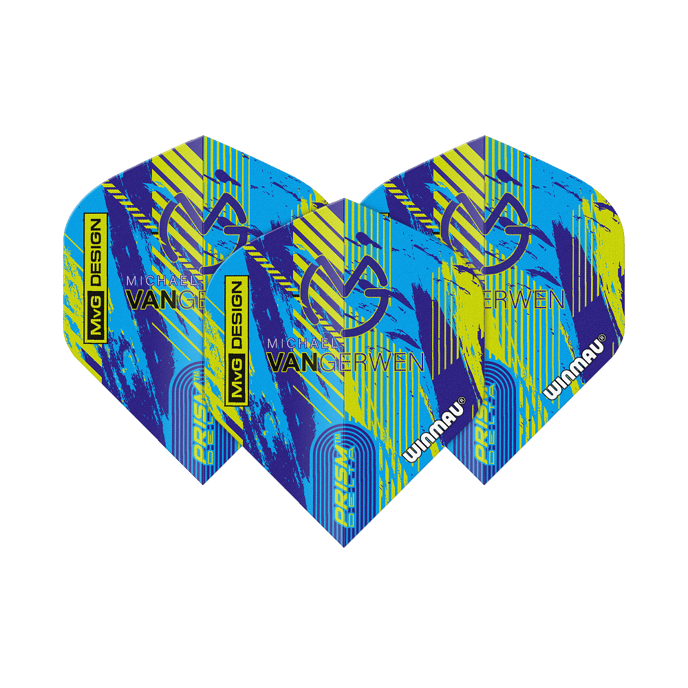 Winmau Delta Michael Van Gerwen Prism 04 Standard Flights Das Bild zeigt die Winmau Delta Michael Van Gerwen Prism 04 Standard Flights. Sie haben ein farbenfrohes Design in Blau, Gelb und Schwarz mit dem Namen und Logo von Michael Van Gerwen.