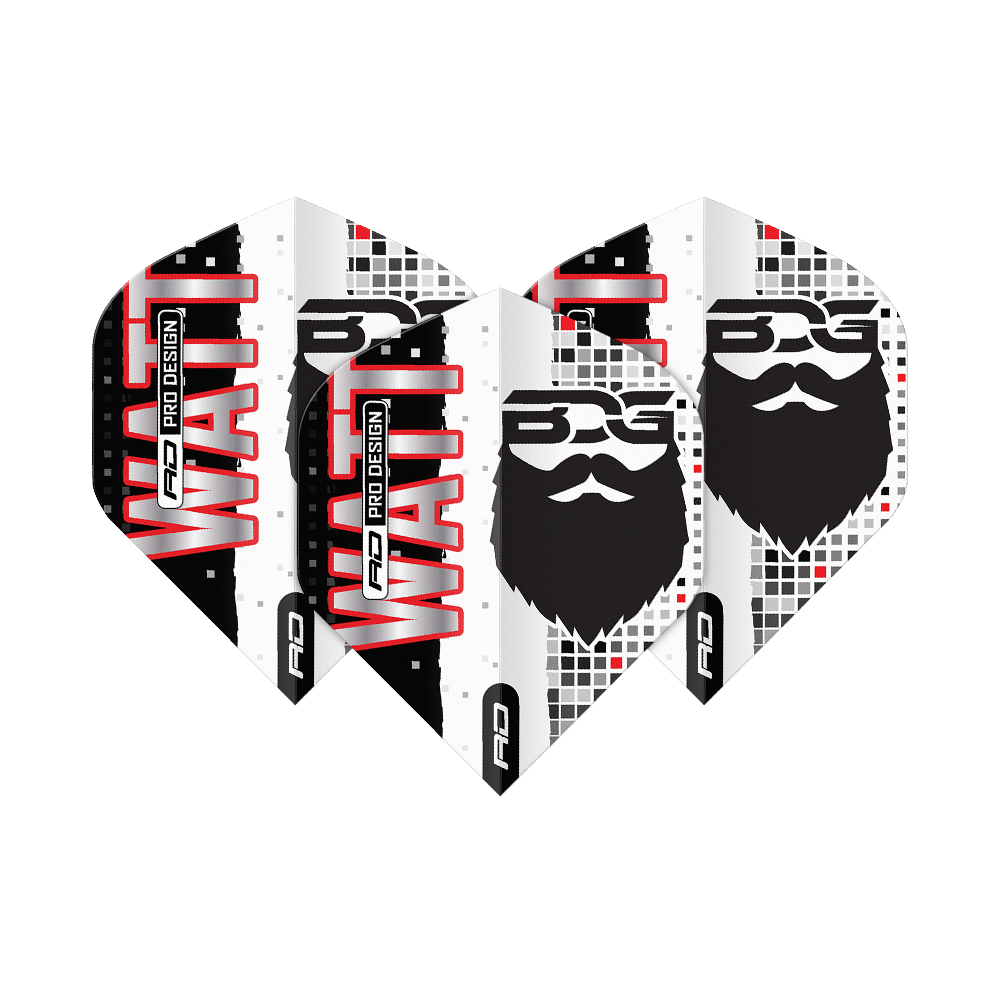 Das Bild zeigt vier Dartflights mit dem Aufdruck "WATT" und einem stilisierten Bartgesicht. Die Flights sind in Schwarz, Weiß und Rot gestaltet und tragen das Logo „BDG Pro Design“.