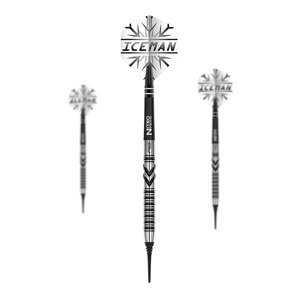 Red Dragon Gerwyn Price Thunderbolt Soft Darts - 20g Das Bild zeigt drei Softdarts des Modells "Red Dragon Gerwyn Price Thunderbolt - 20g". Auf den Flights steht "ICEMAN" und die Darts haben ein schwarz-silbernes Design.