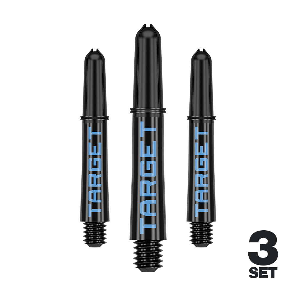 Target Pro Grip TAG Shafts - 3 Sets - Black Blue Auf dem Bild sind drei schwarze Dartschäfte mit blauer "TARGET"-Beschriftung zu sehen. Unten rechts steht "3 SET", was auf ein Set aus drei Stück hinweist.