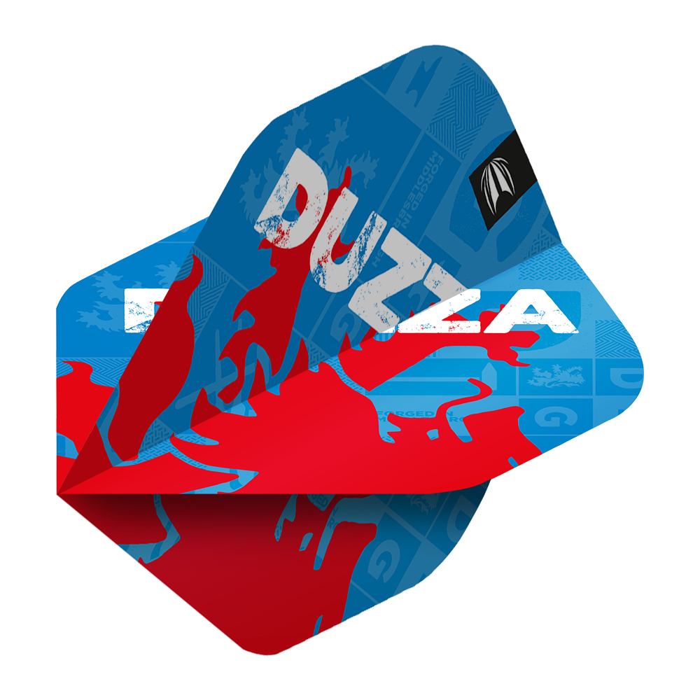 Das Bild zeigt die Target ProUltra Glen Durrant No2 Standard Flights. Die Flights sind überwiegend blau mit roten und weißen Akzenten sowie dem Schriftzug "DUZZA".