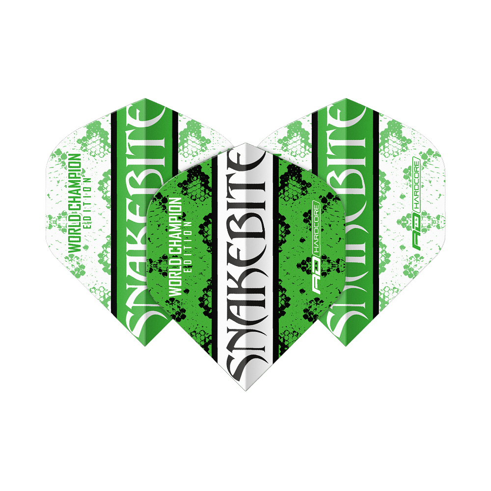 Red Dragon Peter Wright Snakebite Green White Yin Yang Standard Flights Das Bild zeigt drei Dart-Flights in den Farben Grün, Weiß und Schwarz mit der Aufschrift "Snakebite". Auf den Flights steht außerdem "World Champion Edition" und das Red Dragon Logo.