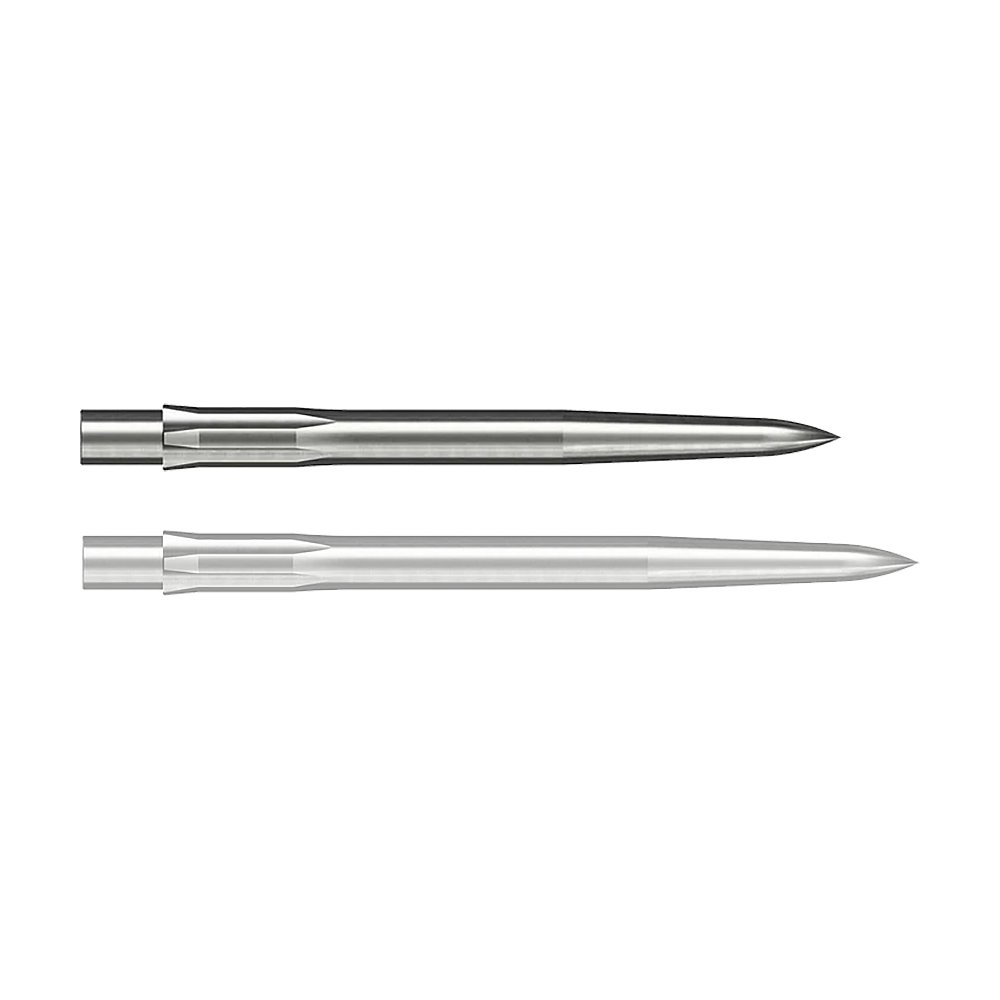 Auf dem Bild sind zwei silberne, glatte Stahlspitzen für Darts zu sehen. Sie sind länglich geformt und haben eine spitze Vorderseite.