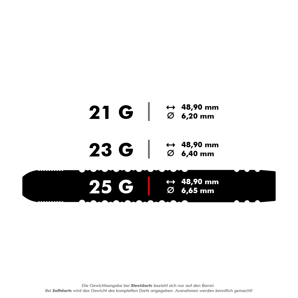 190224-_Target_Dimitri_Van_Den_Bergh_GEN2_Swiss_Point_Steeldarts_5_25g Das Bild zeigt drei verschiedene Gewichte von Steeldarts: 21g, 23g und 25g. Alle haben eine Länge von 48,90 mm, aber unterschiedliche Durchmesser: 6,20 mm, 6,40 mm und 6,65 mm.