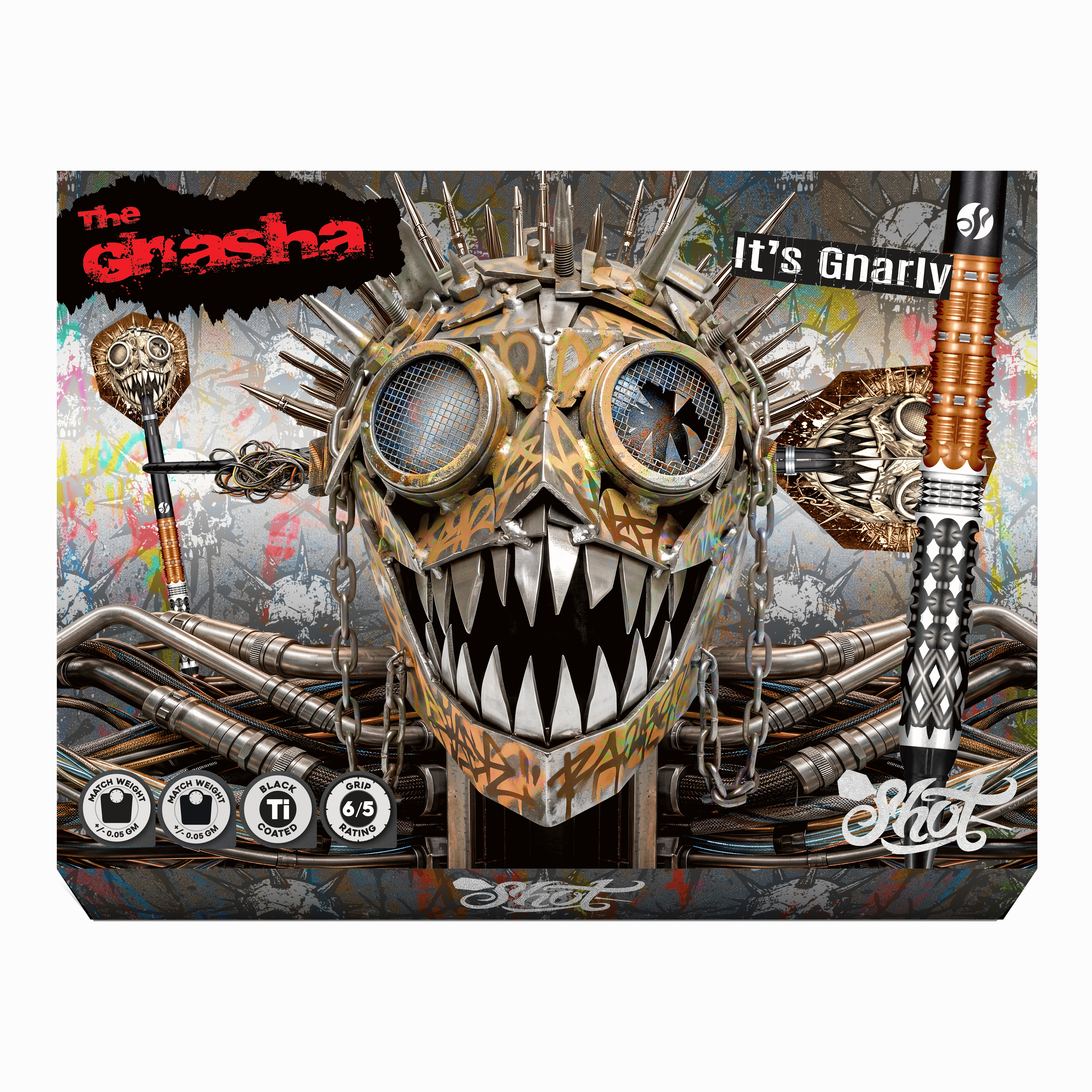 Shot Gnarly Gnasha Soft Darts - 20g Auf dem Bild befinden sich die Shot Gnarly Gnasha Softdarts - 20g. Die Darts sind für das Spielen mit elektronischen Dartboards geeignet.