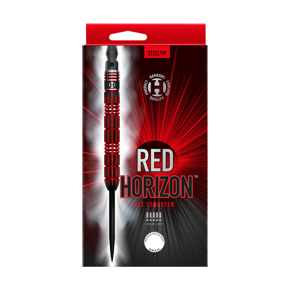 HA33577_Harrows_Red_Horizon_Steeldarts_3 Auf dem Bild ist eine Packung Steeldarts mit dem Namen "Red Horizon" zu sehen. Die Verpackung ist überwiegend rot und schwarz und zeigt ein Bild eines einzelnen Darts.