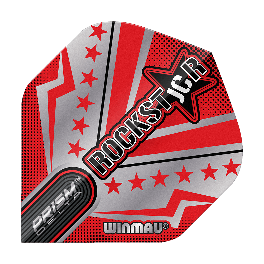 Winmau Prism Delta Joe Cullen Rockstar Series No2 Standard Flights Das Bild zeigt ein Dartflight mit auffälligem roten und silbernen Design und mehreren Sternen. In der Mitte steht groß das Wort „ROCKSTAR“ neben einem Stern, darunter befinden sich die Markenaufschriften „PRISM DELTA“ und „WINMAU“.