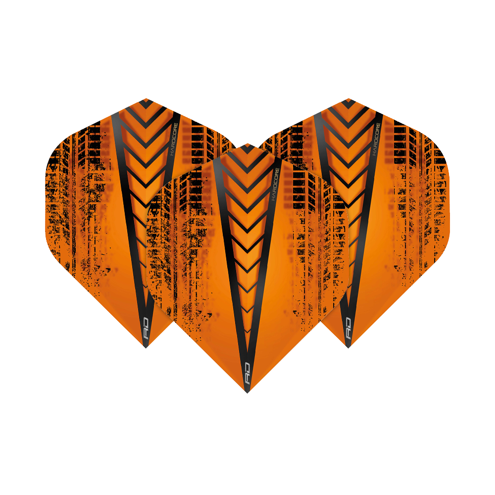 Das Bild zeigt drei Dart-Flights des Modells "Red Dragon Hardcore Radical Orange Standard Flights". Sie sind orange mit schwarzen Mustern und Streifen gestaltet.