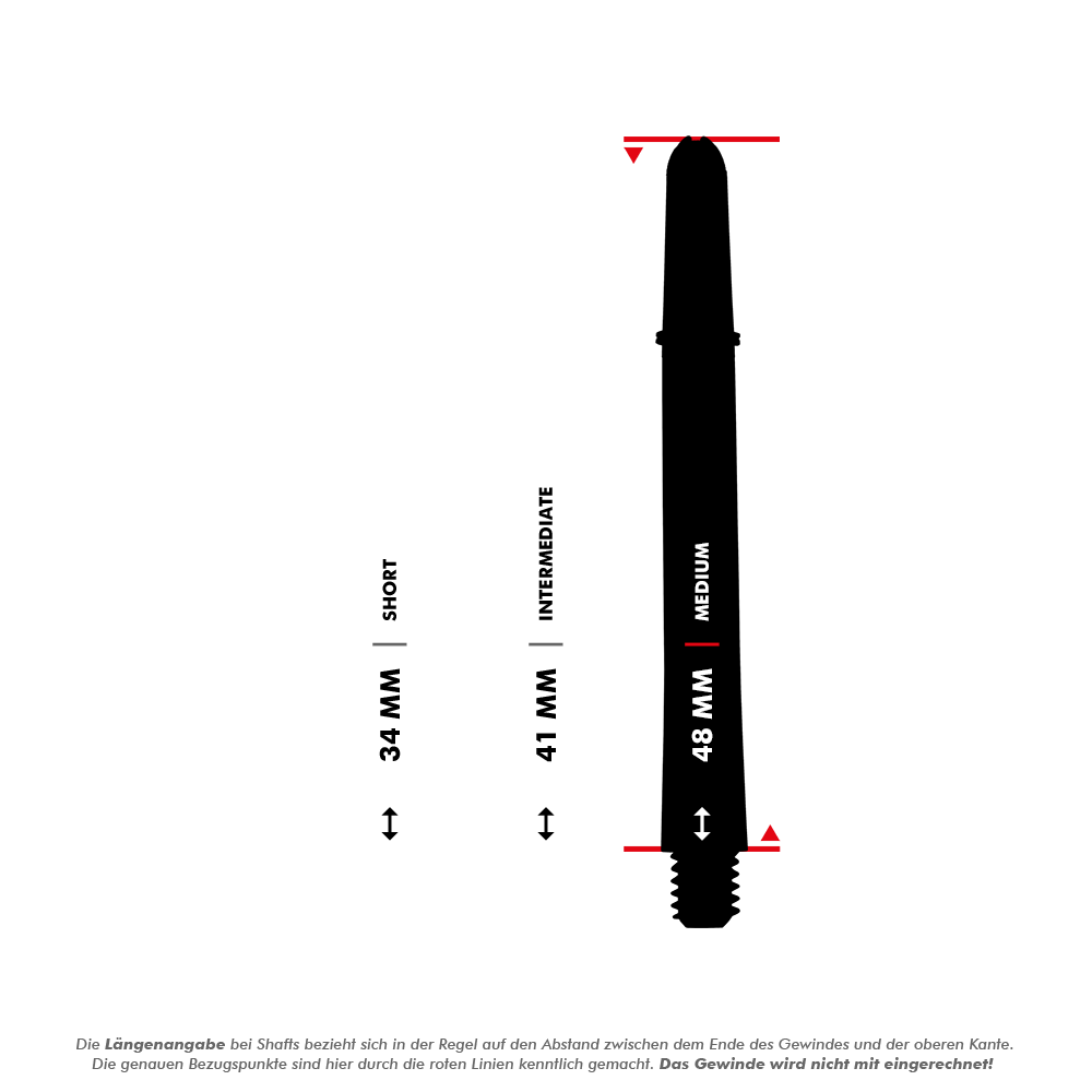 110181_Target_Pro_Grip_Shafts_5_48mm_3Varianten7ziIdQsXmzFaF Das Bild zeigt drei verschiedene Längen von Dartshafts: 34 mm (Short), 41 mm (Intermediate) und 48 mm (Medium). Die Maße beziehen sich auf den Abstand zwischen dem Ende des Gewindes und der oberen Kante, welche durch rote Linien markiert sind.