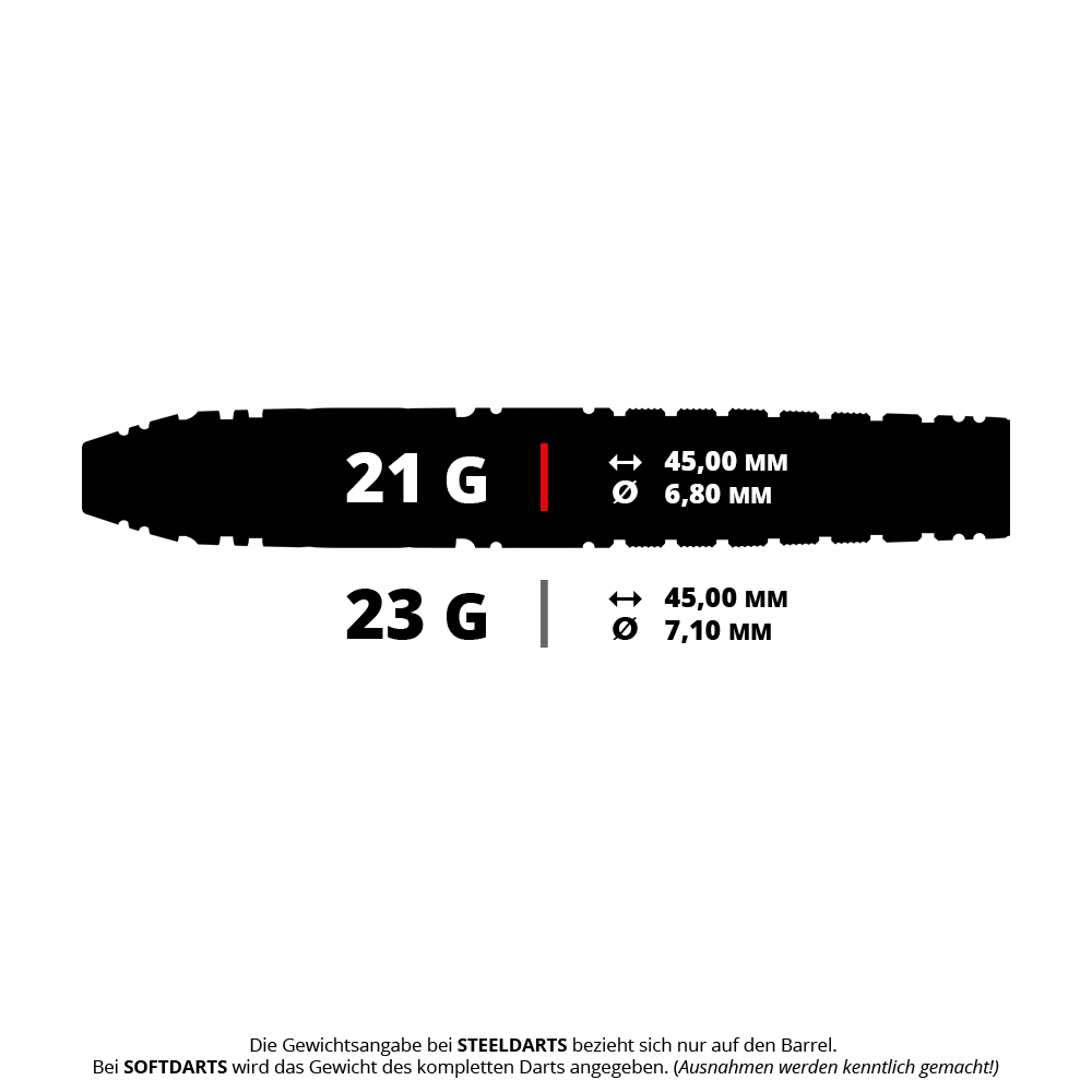 Das Bild zeigt die Spezifikationen von zwei Steeldarts mit 21 g und 23 g Gewicht. Beide Darts sind 45,00 mm lang, aber der Durchmesser beträgt 6,80 mm bzw. 7,10 mm.