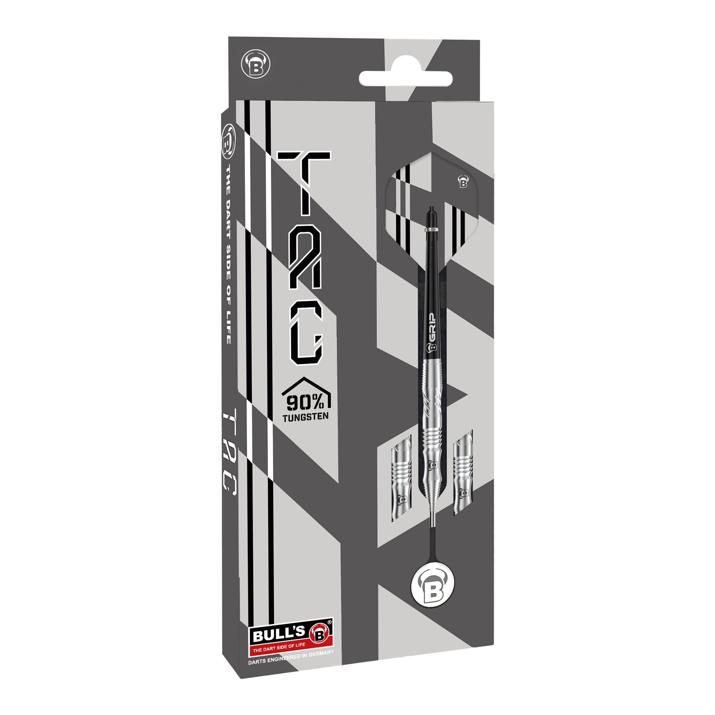 Bulls Tac T1 Steeldarts Die Abbildung zeigt die Verpackung der "Bulls Tac T1 Steeldarts". Auf der Vorderseite ist zu sehen, dass die Darts zu 90% aus Tungsten bestehen.