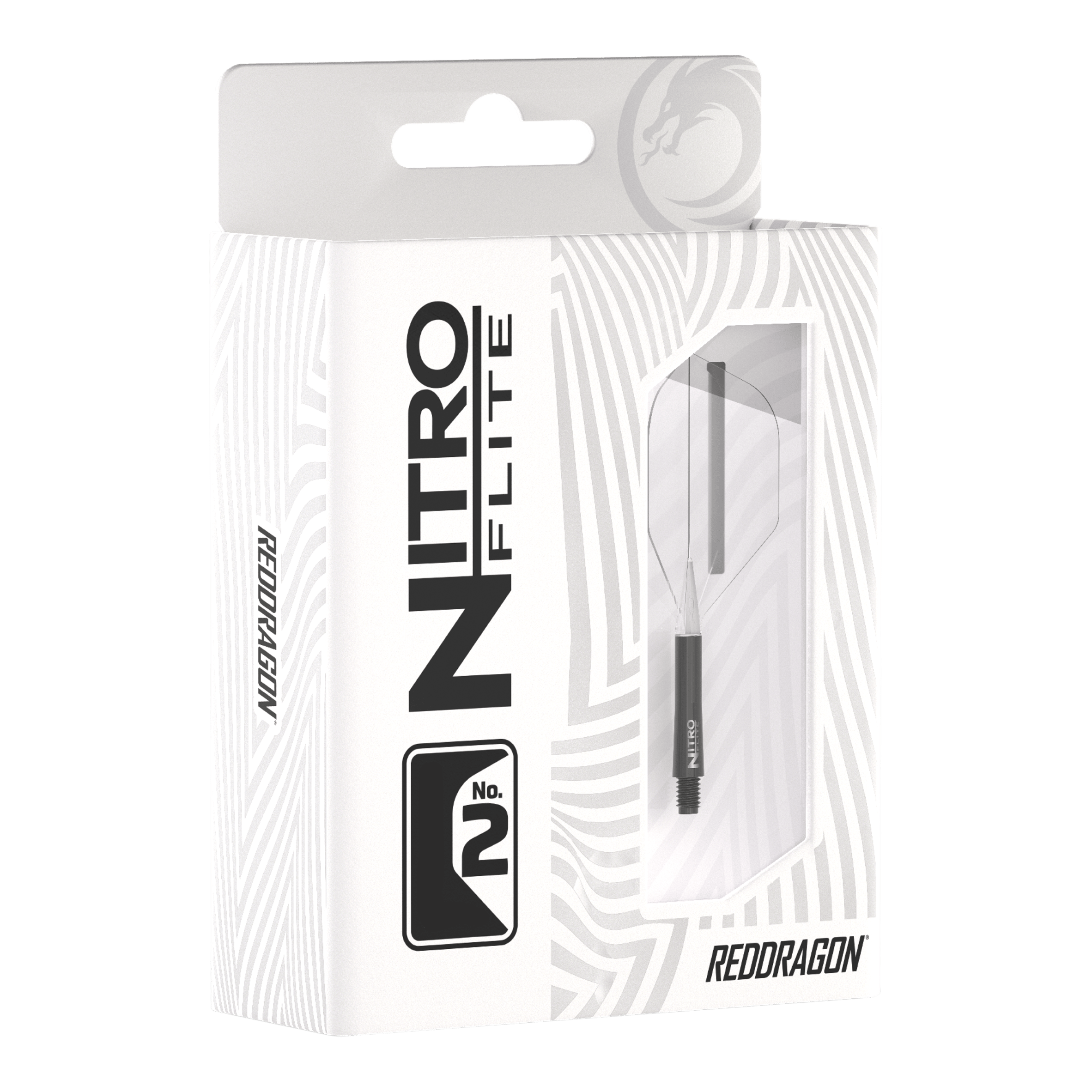 Die Abbildung zeigt die Verpackung des Produkts „Red Dragon Nitroflite - Black Shaft Clear No2 Flights“. Die Verpackung ist überwiegend weiß mit schwarzen Aufdrucken und einer Sichtöffnung, durch die das Produkt zu sehen ist.