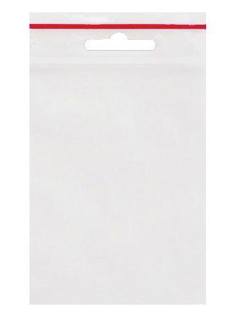 bt5189003b2e300 Das Bild zeigt eine transparente Kunststofftüte mit Euroloch und rotem Verschlussstreifen. Die Abmessungen der Tüte sind 80x120 mm.