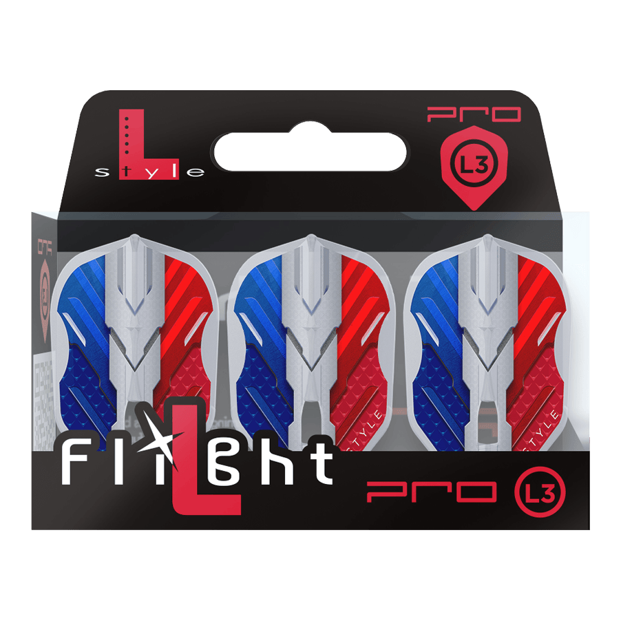 Das Bild zeigt eine Verpackung mit drei Dartflights der Marke L-Style in den Farben Blau, Weiß und Rot. Auf der Verpackung steht "Flight L Pro L3", und die Flights haben ein modernes, kantiges Design.